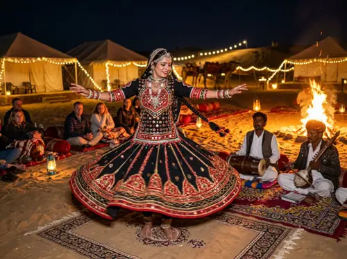 Rajasthani folk dance and live music at a Sam Sand Dunes desert camp