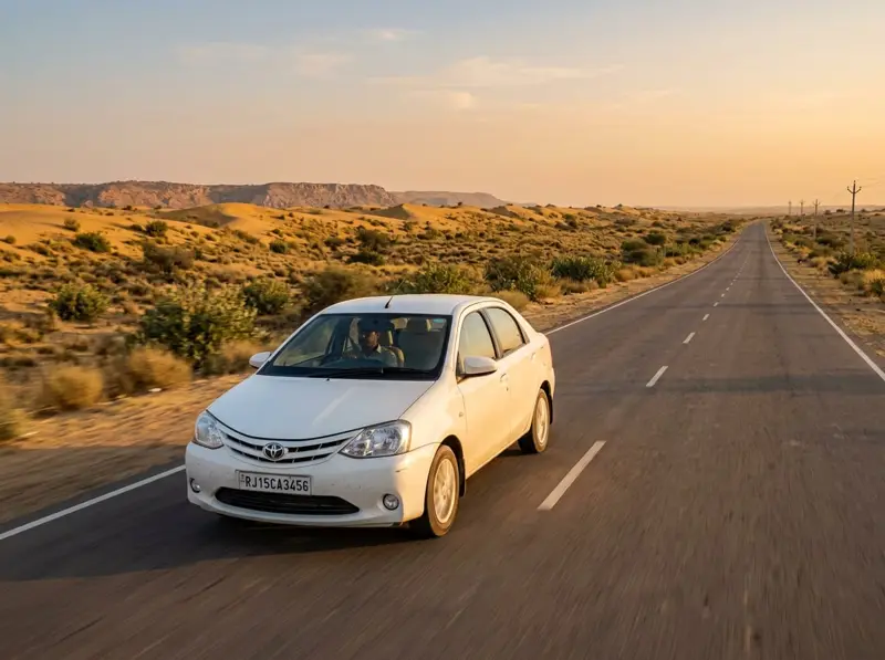 White Toyota Etios sedan on the desert highway from Jaisalmer to Sam Sand Dunes