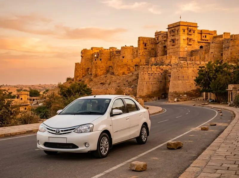 White Toyota Etios sedan available for car rental in Jaisalmer, parked below Jaisalmer Fort