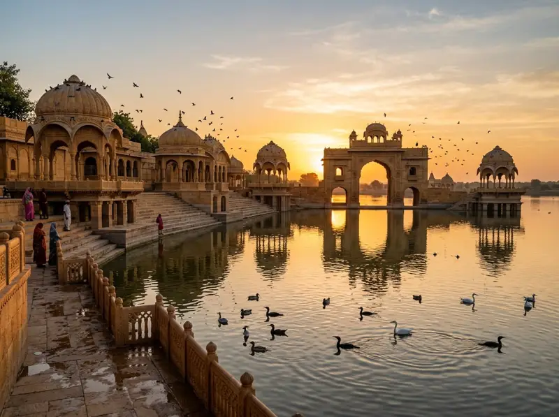Sunrise over the chhatris of Gadisar Lake, Jaisalmer