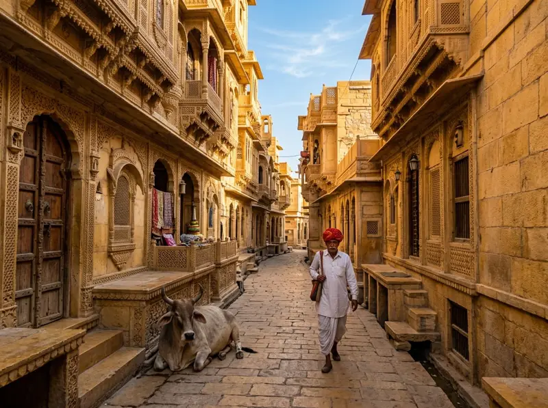 Golden sandstone street and havelis in Jaisalmer old city