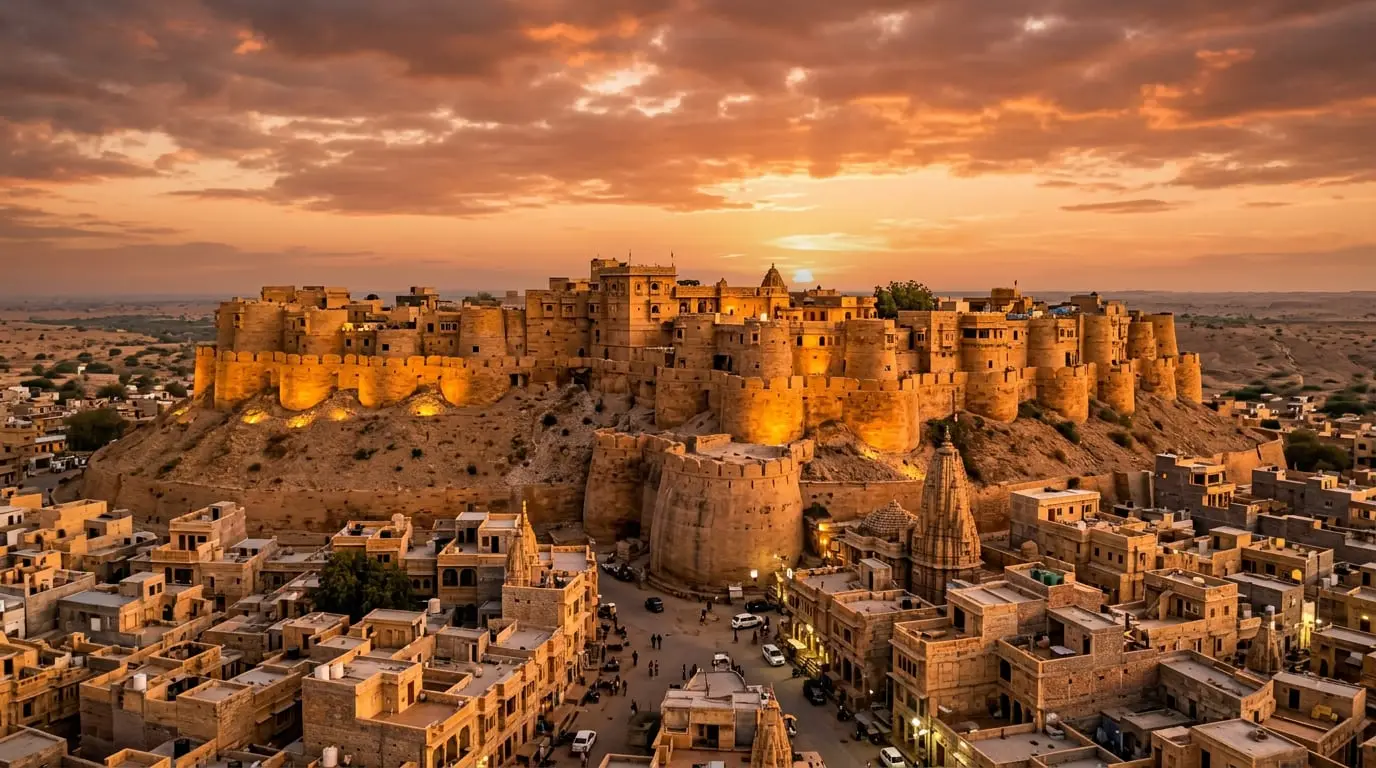 Jaisalmer Fort (Sonar Quila) glowing golden at sunset above the old city of Jaisalmer