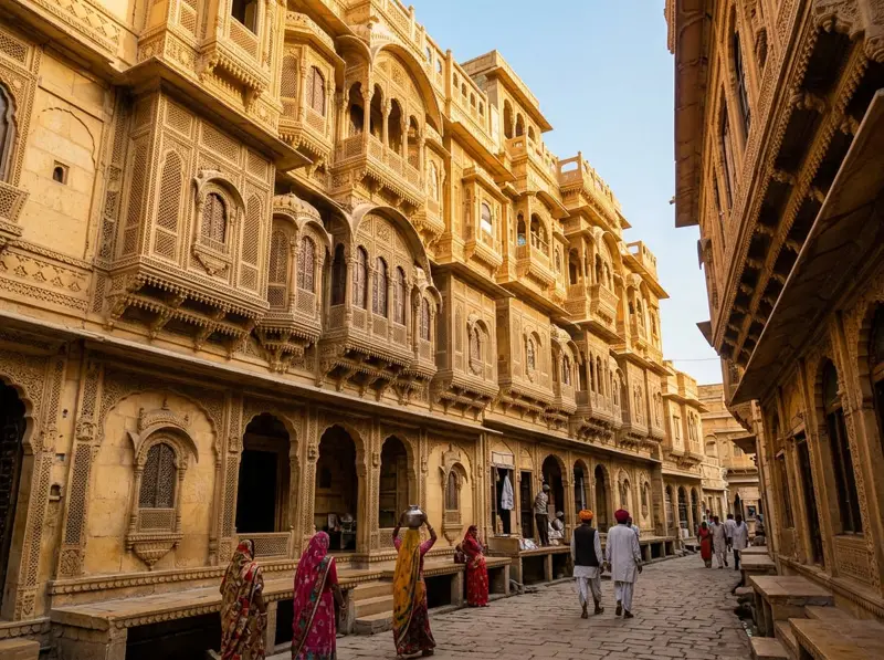 Intricately carved sandstone balconies of Patwon Ki Haveli, Jaisalmer