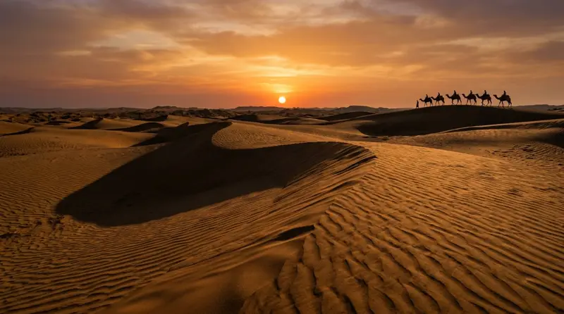 Golden Sam Sand Dunes at sunset in the Thar Desert near Jaisalmer